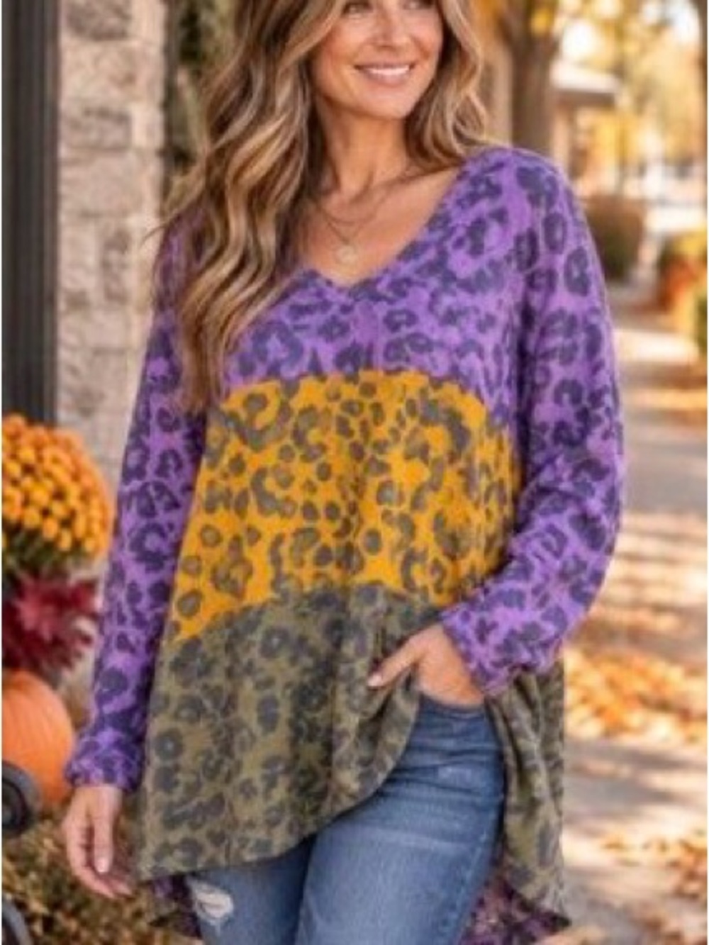 BiBi Colorblock Leopard V-Neck Sweater Top - Purple/Gold/Green